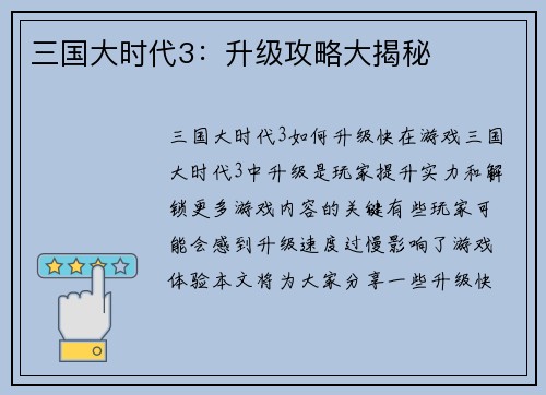 三国大时代3：升级攻略大揭秘